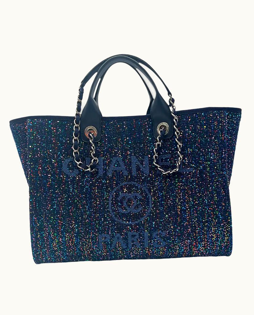 Chanel CHANEL Deauville Navy Blue Sequined Canvas Tote