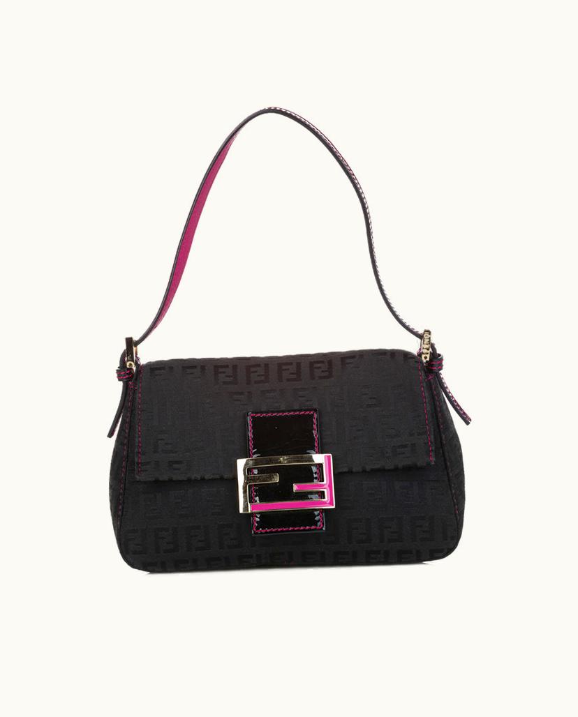 Fendi Fendi Mini Zucchino Canvas Mamma Baguette Black & Pink Shoulder Bag