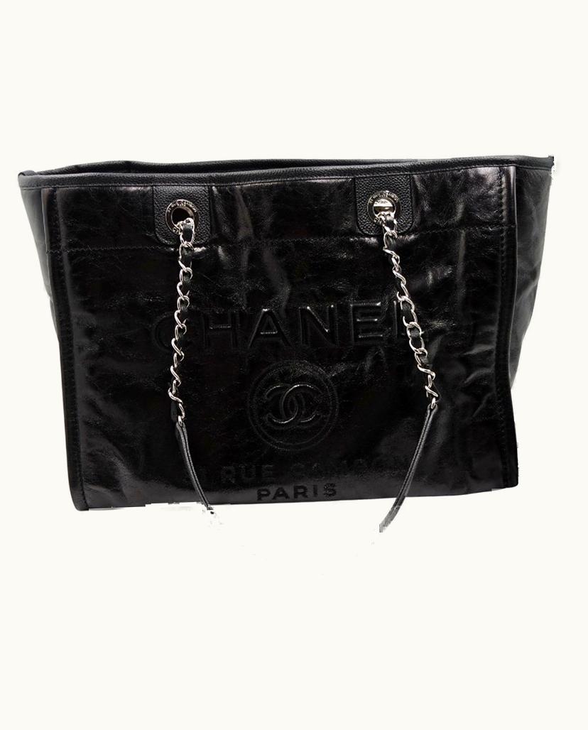 Chanel Chanel Deauville Shopper Leather Black Silver Beige