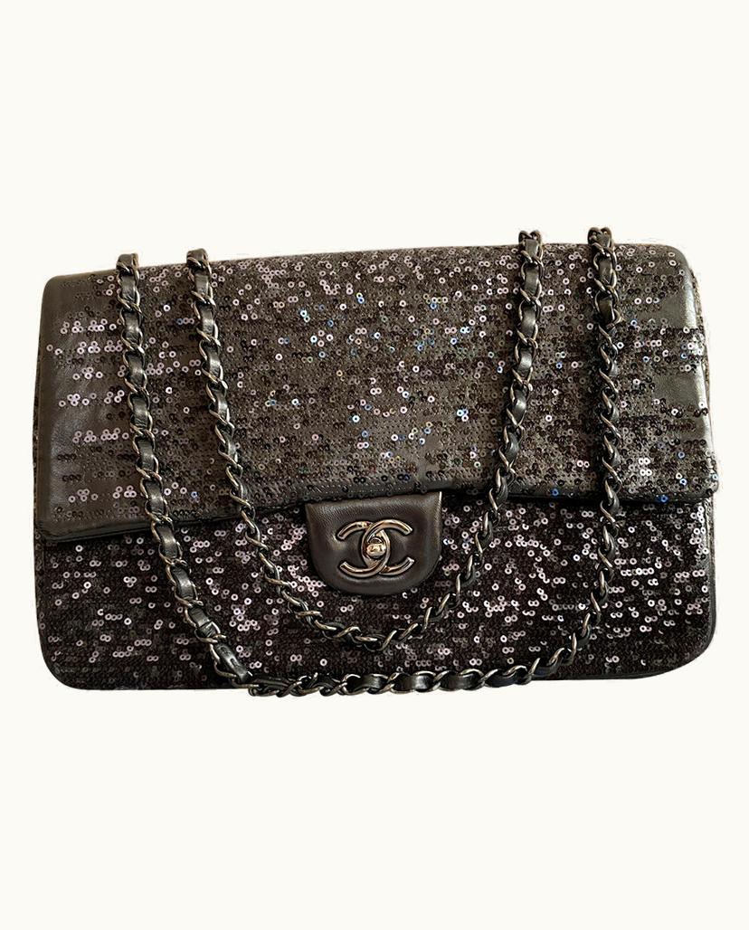 Chanel Chanel Classic Flap Jumbo Handbag Lambskin Sequin Black Purple