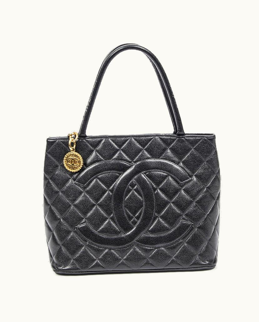 Chanel BrandCo Paris Medallion Tote Shoulder Bag Quilted Caviar Leather in Black