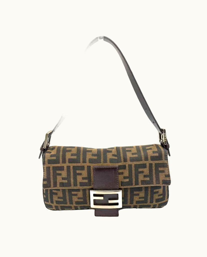 Fendi Fendi Mamma Baguette Zucca Canvas Shoulder Bag Brown-Khaki