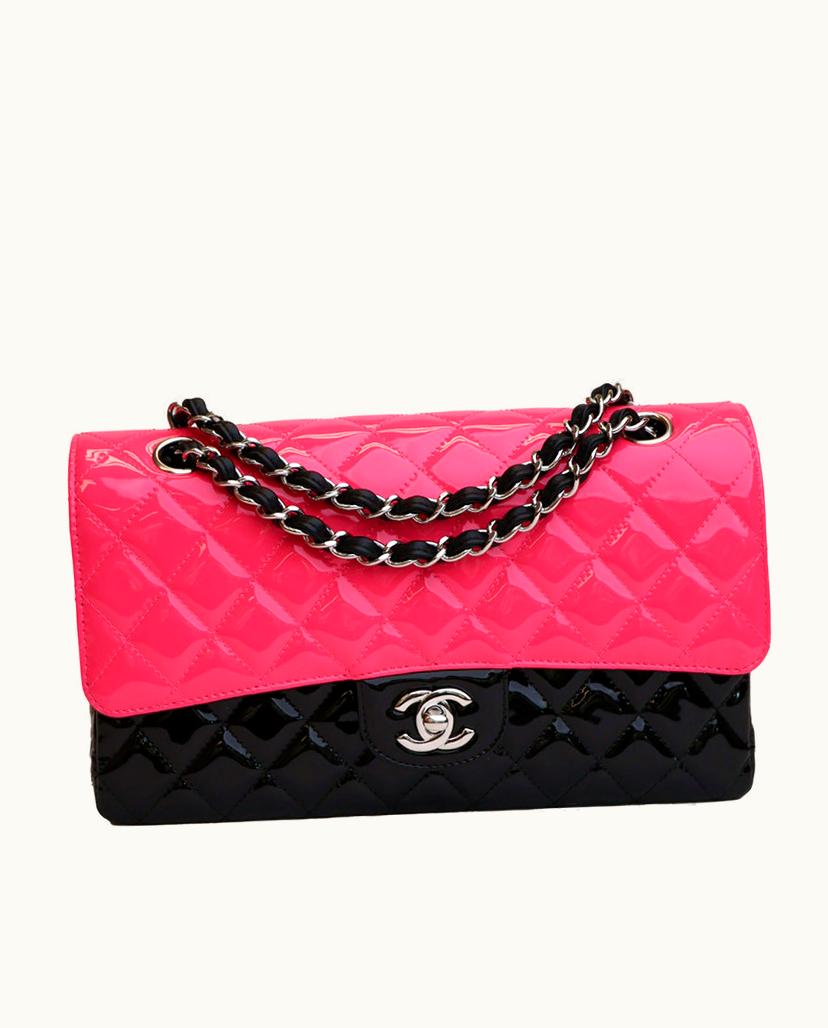 Chanel Chanel Medium Classic Bicolor Double Flap Shoulder Bag Patent Leather in Pink