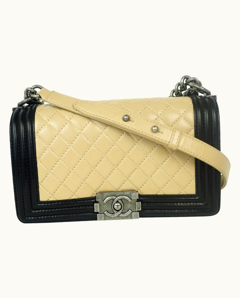 Chanel Chanel Boy Medium Leather Beige Black Diamond Quilted Bag