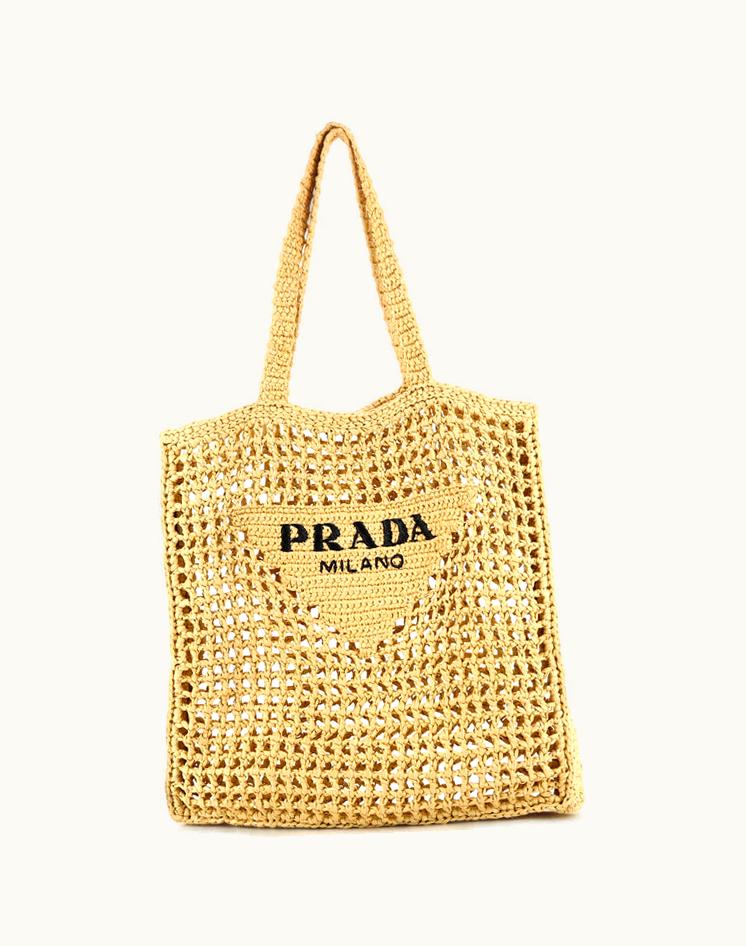 Prada Prada Raffia Triangle Logo Open Tote Neutral