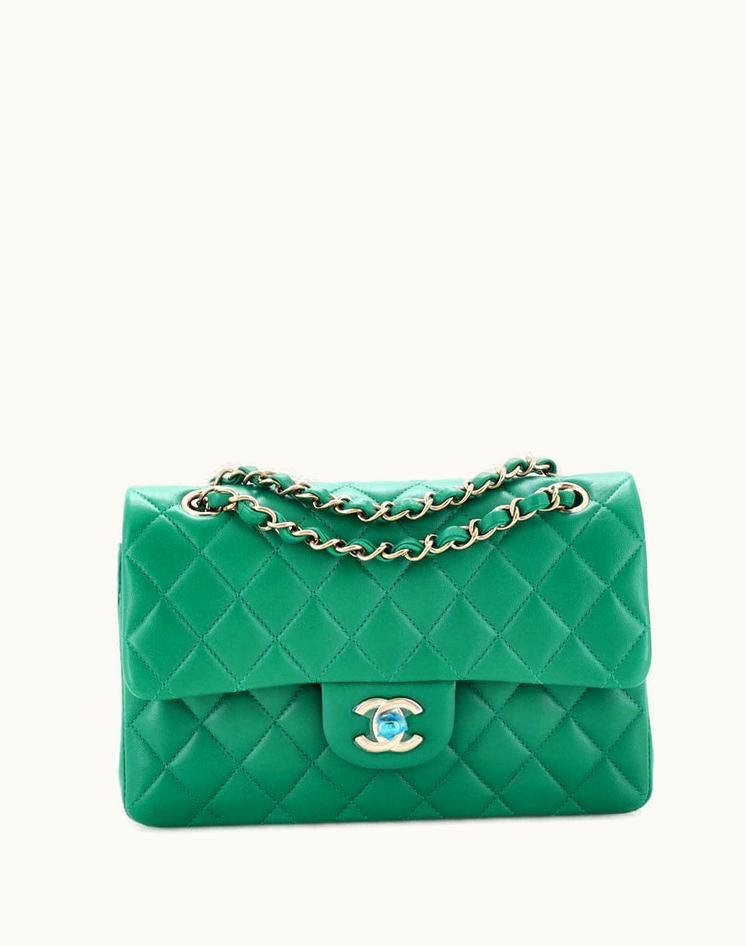 Chanel Chanel Classic Double Flap Bag Quilted Lambskin Small Green Leather Gold Hardware
