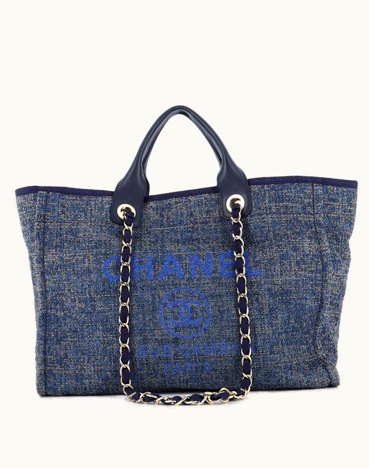 Chanel Chanel Deauville Tote Raffia Medium Blue Luxury Handbag