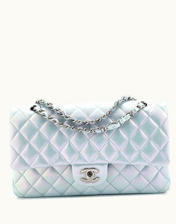 Chanel Chanel Classic Double Flap Bag Quilted Iridescent Calfskin Medium Metallic Silver