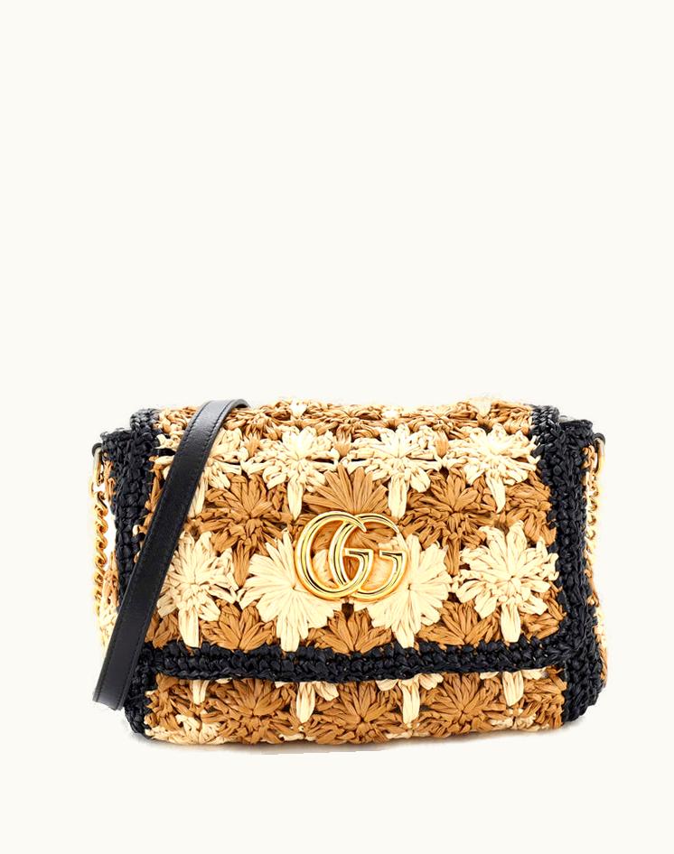 Gucci Gucci GG Marmont Flap Bag Raffia Small Neutral Beige
