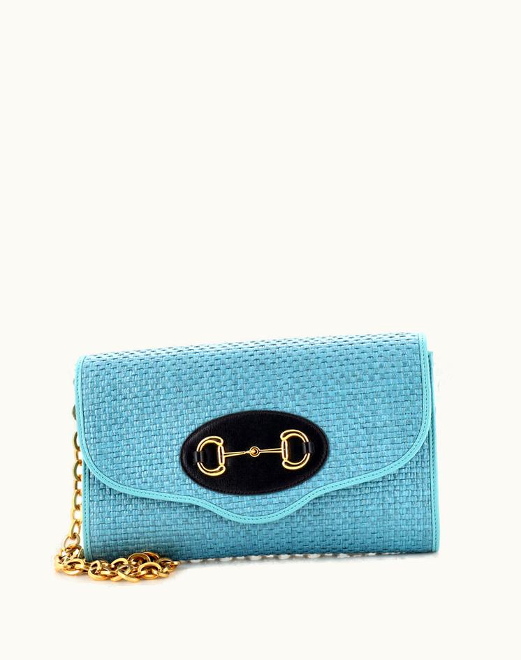 Gucci Gucci Horsebit 1955 Curved Flap Shoulder Bag Raffia Small Blue