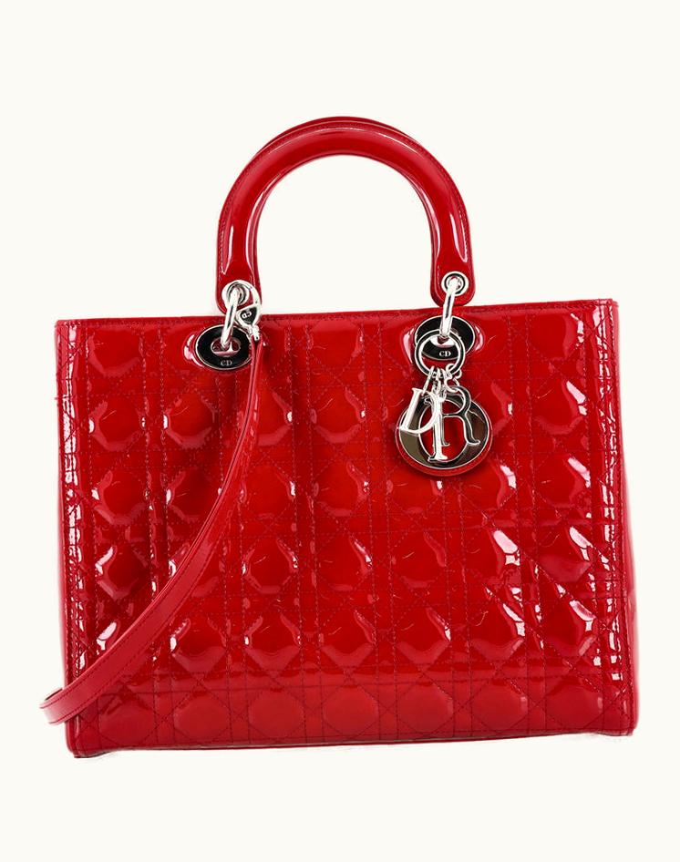 Dior Dior Lady Dior Bag Cannage Quilt Patent Large Red Patent Leather Silver