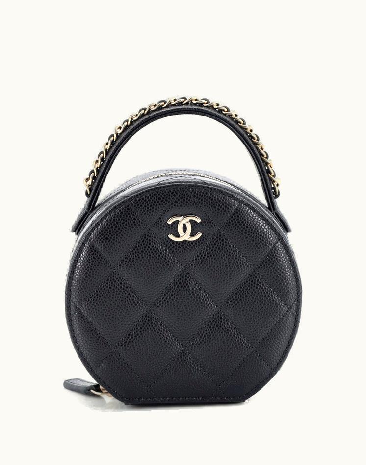 Chanel Chanel Chain Handle Round Jewelry Box Quilted Caviar