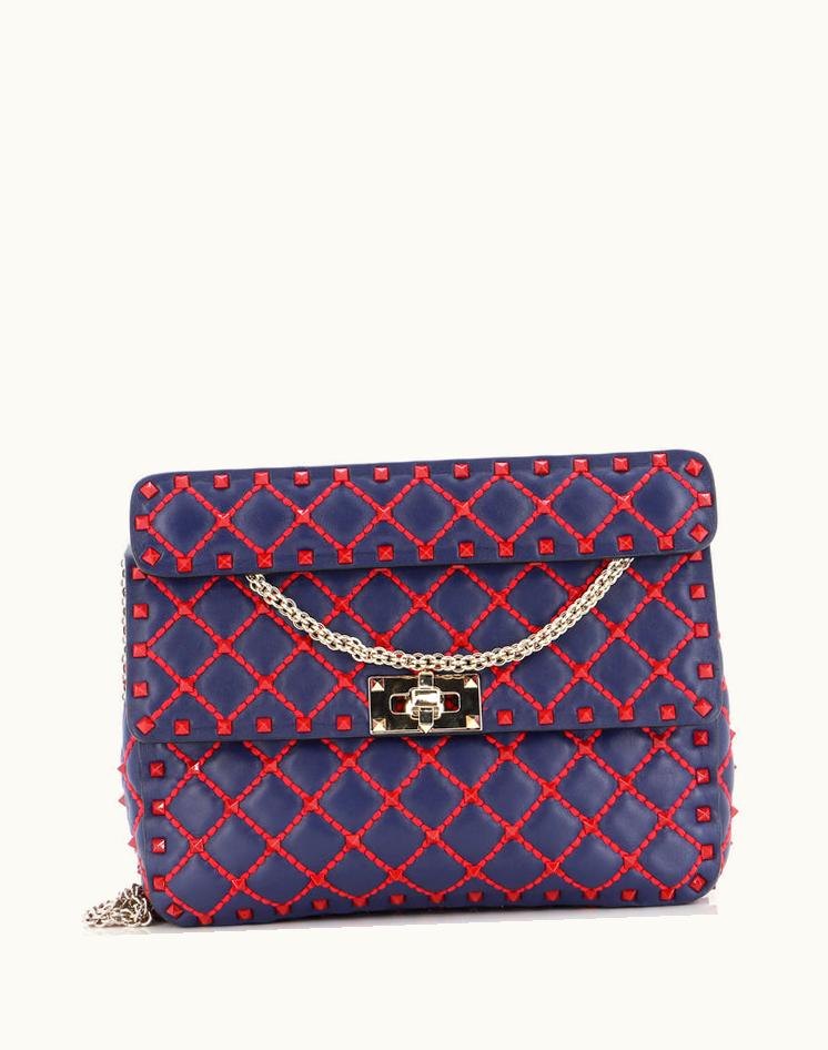 Valentino Valentino Rockstud Spike Flap Bag Quilted Leather Medium Blue