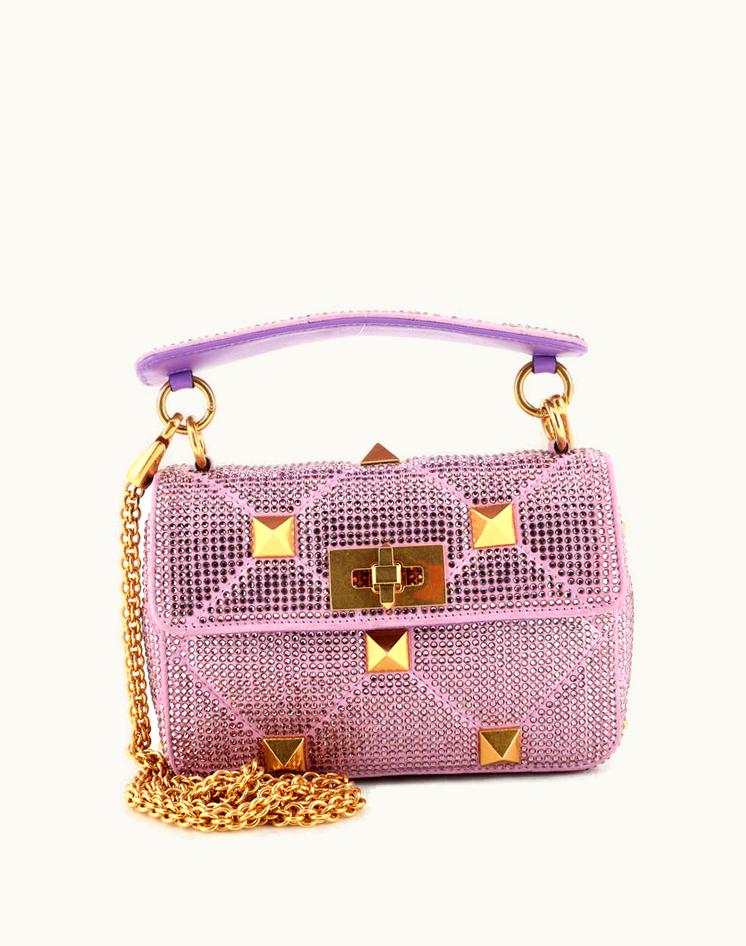 Valentino Valentino Roman Stud Flap Bag Embellished Suede Small Crystal Purple
