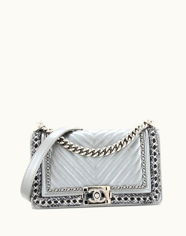 Chanel Chanel Jacket Boy Flap Bag Chevron Calfskin With Tweed Old Medium