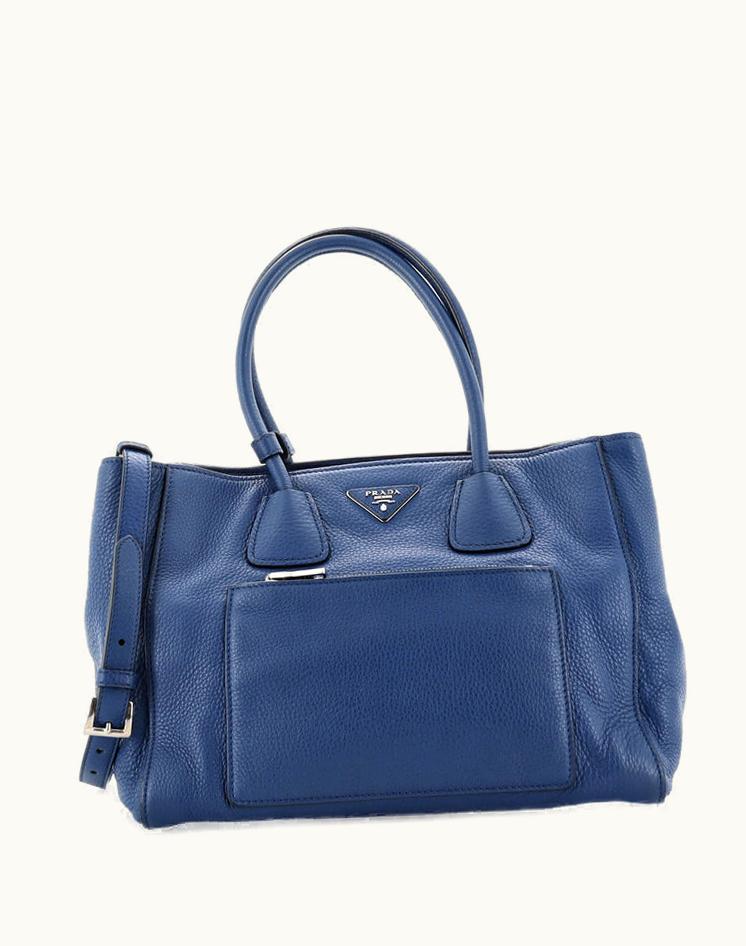 Prada Prada Front Pocket Wing Convertible Tote Vitello Daino Blue Leather Silver Hardware
