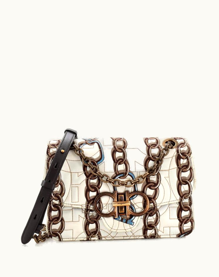 Salvatore Ferragamo Salvatore Ferragamo Gancini Turnlock Flap Bag Quilted Printed Silk Small