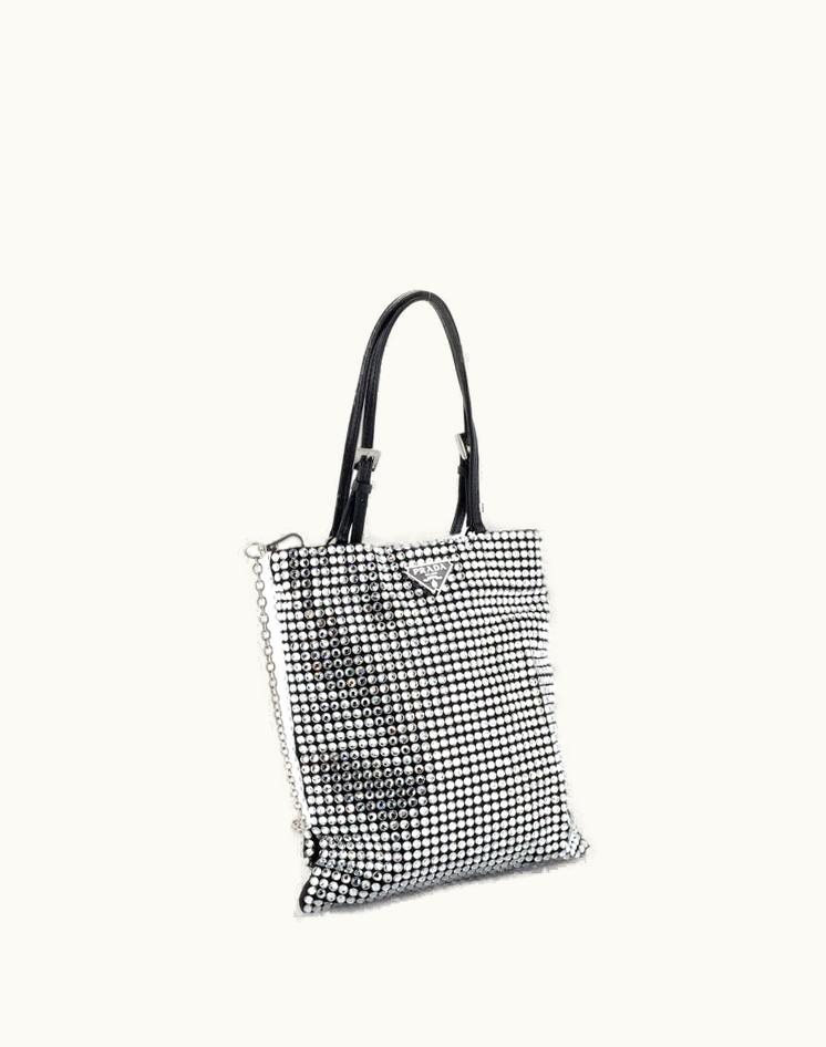 Prada Prada Chain Flat Tote Crystal Embellished Satin Mini Silver Black