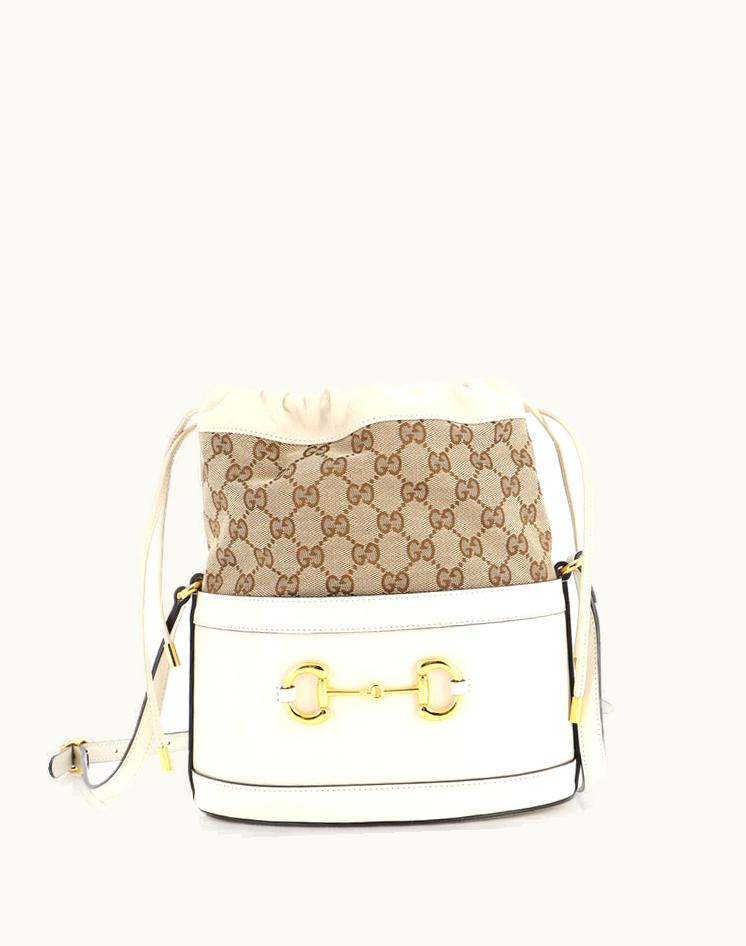 Gucci Gucci Horsebit 1955 Bucket Crossbody Bag Leather And GG Canvas Small Brown Neutrals