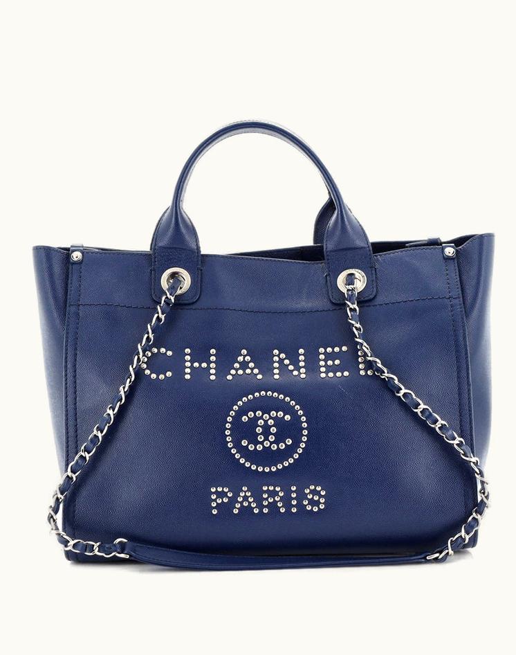 Chanel Chanel Deauville Tote Studded Caviar Small Leather Blue Silver