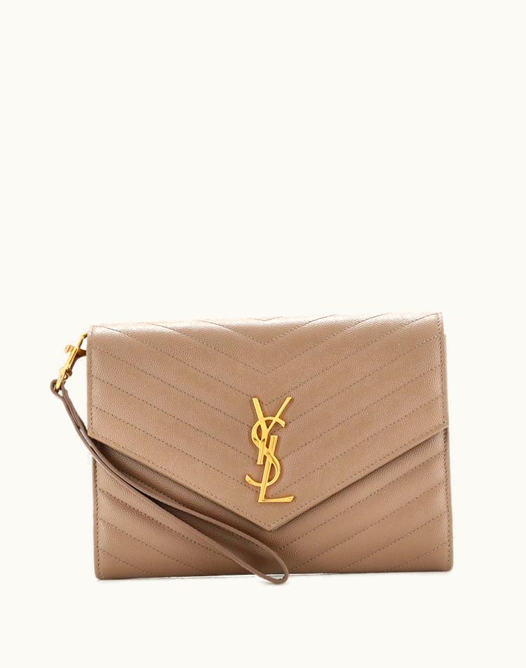 Saint Laurent Saint Laurent Classic Monogram Envelope Wristlet Clutch Matelasse Chevron Leather - Neutral & Black
