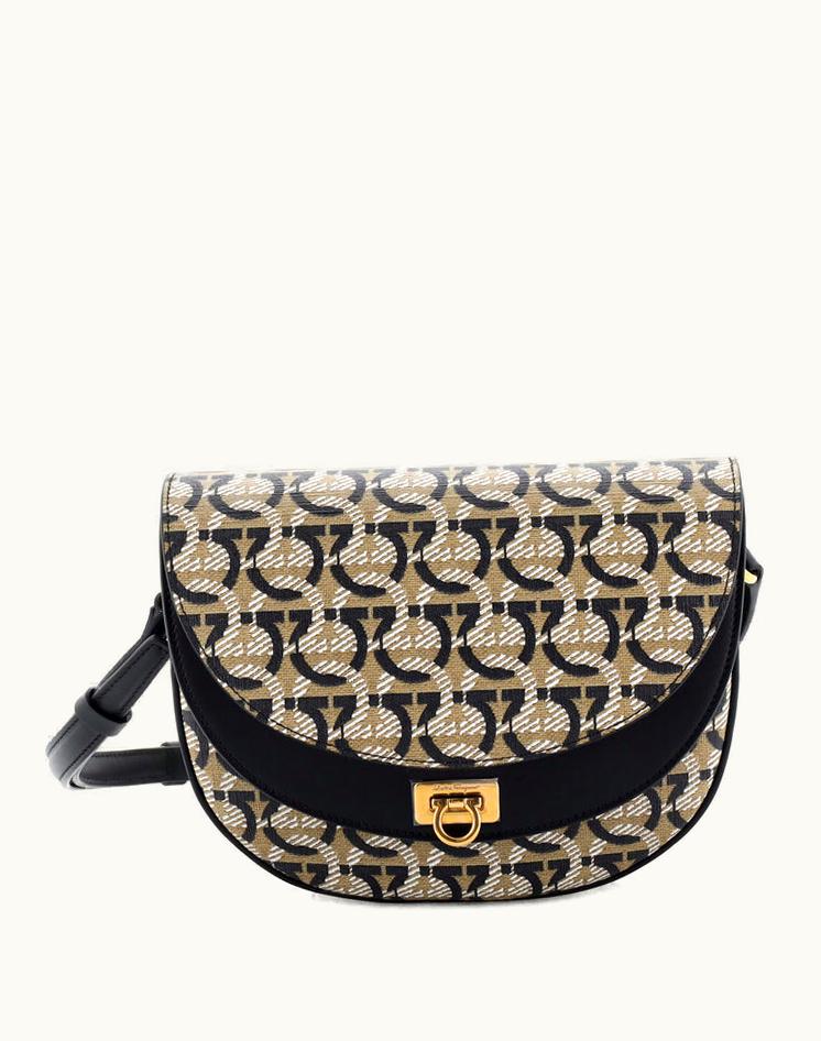 Salvatore Ferragamo Salvatore Ferragamo Double Flap Saddle Crossbody Bag Gancini Coated Canvas Neutral