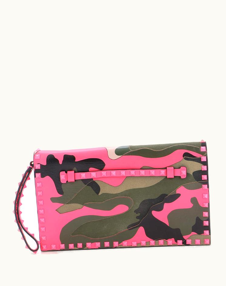 Valentino Valentino Rockstud Flap Clutch Camo Leather And Canvas