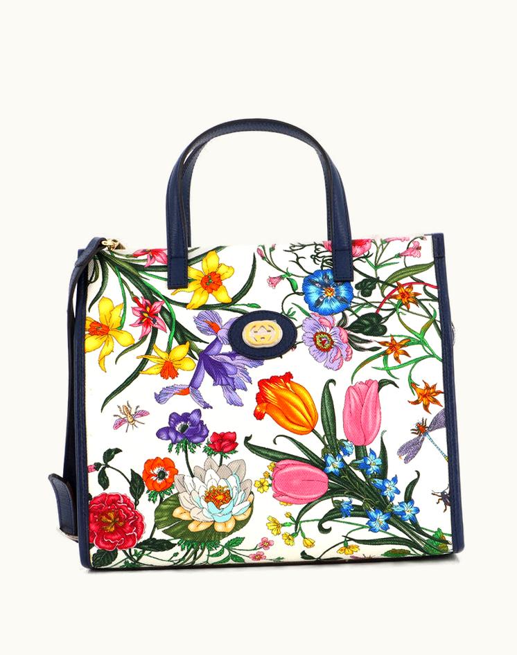 Gucci Gucci Convertible Tote Flora Canvas Medium Multicolor Neutral Print Canvas Gold
