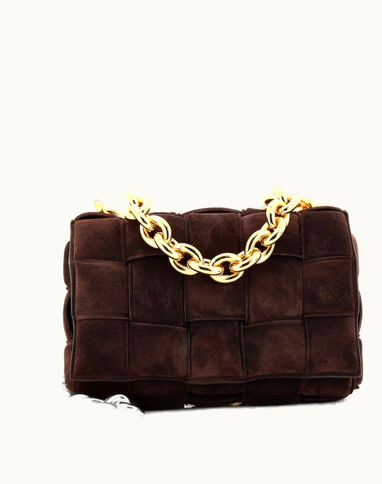 Bottega Veneta Bottega Veneta Cassette Chain Crossbody Bag Padded Maxi Intrecciato Suede Brown