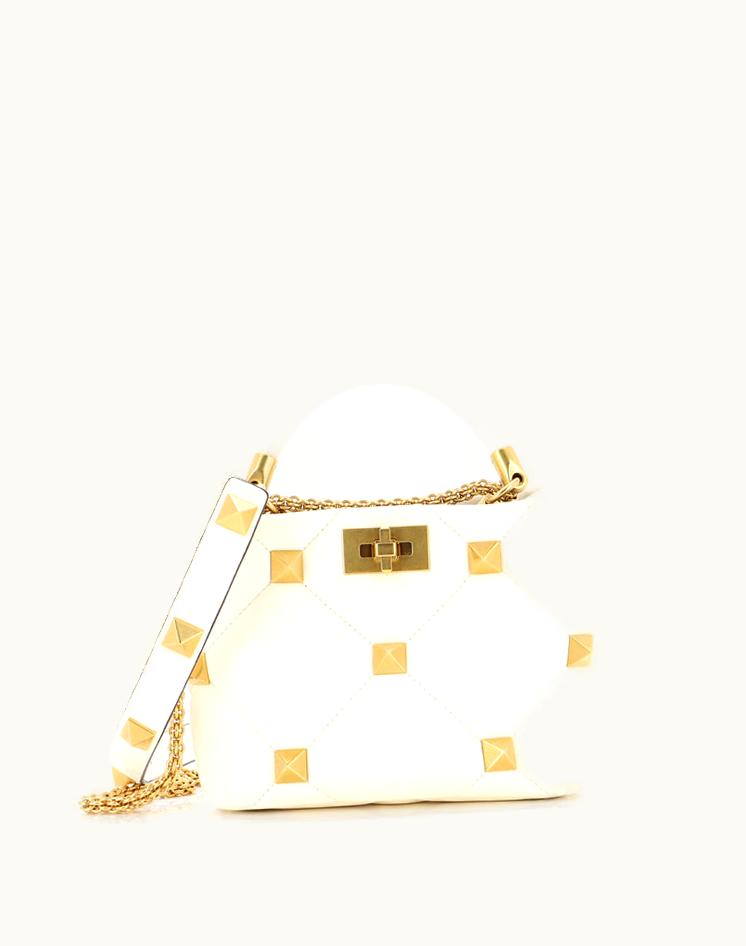 Valentino Valentino Roman Stud Top Handle Bag Quilted Leather Small in Neutral Gray