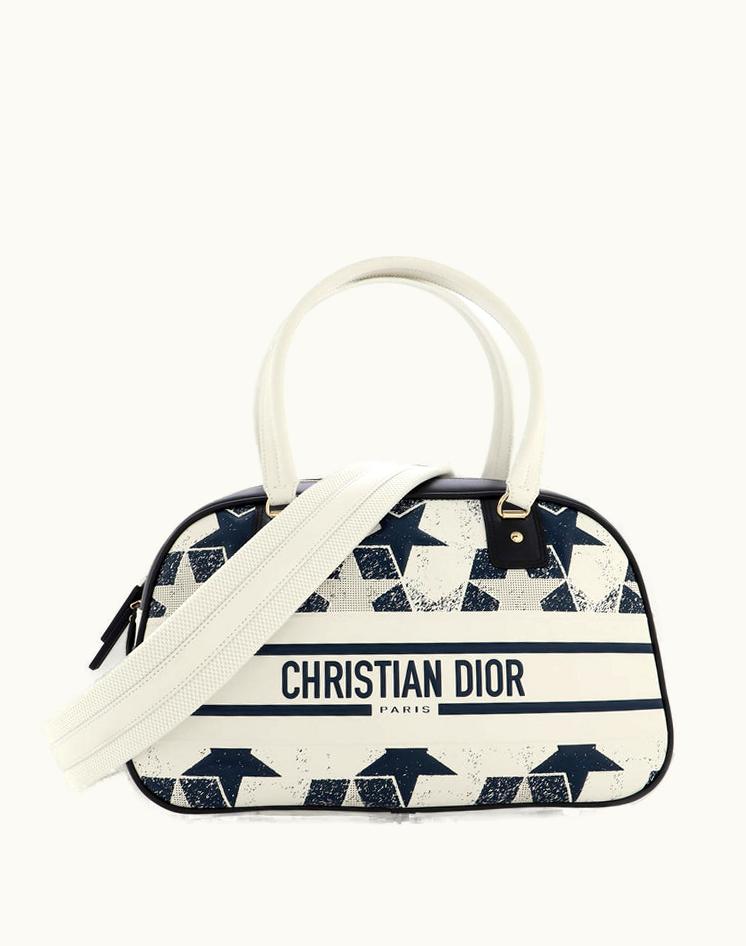 Dior Christian Dior 197639/167 Vibe Zip Bowling Bag Printed Star Embossed Leather Medium Blue and White
