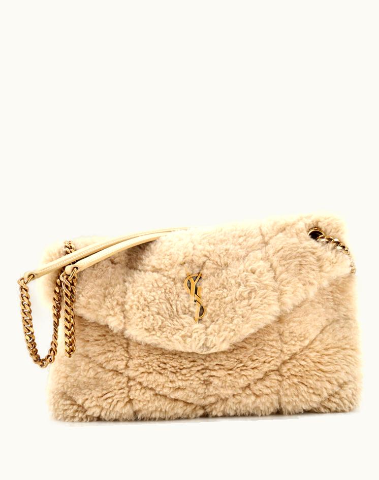 Saint Laurent Saint Laurent Loulou Puffer Shearling Medium Shoulder Bag Neutral