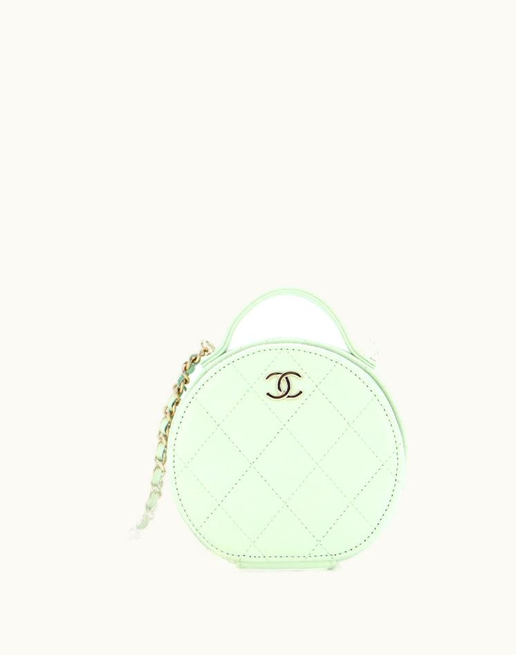 Chanel Chanel Handle With Care Round Vanity Case With Chain Quilted Caviar Small in Green