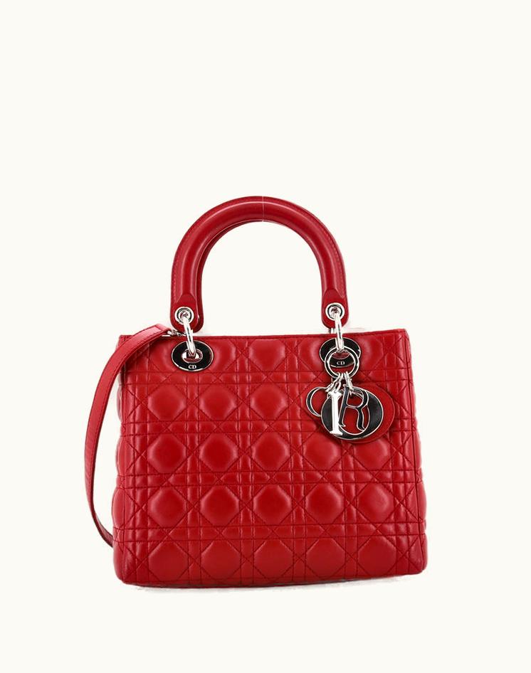 Dior Dior Lady Dior Bag Cannage Quilt Lambskin Medium Red Leather Silver