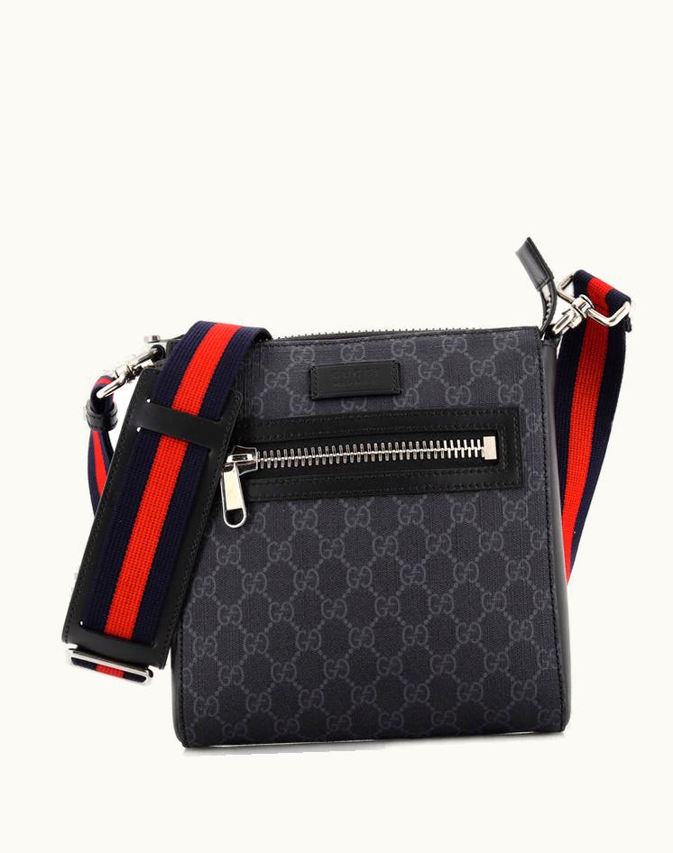 Gucci Gucci Web Strap Front Zip Messenger Bag GG Coated Canvas Small Black Silver