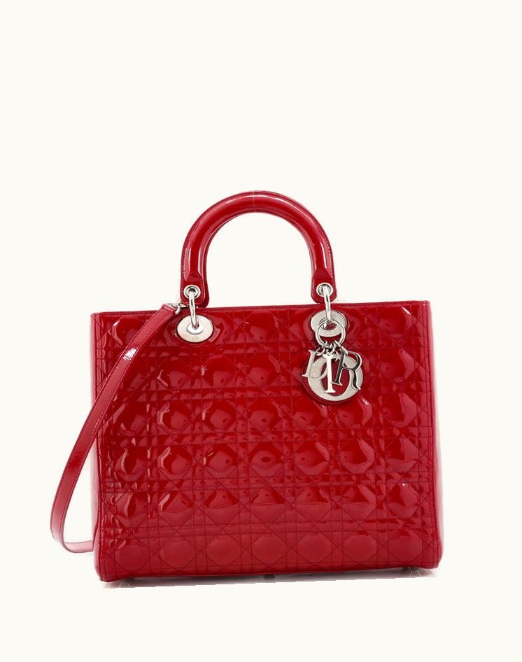 Dior Dior Vintage Lady Dior Bag Cannage Quilt Patent Large Red