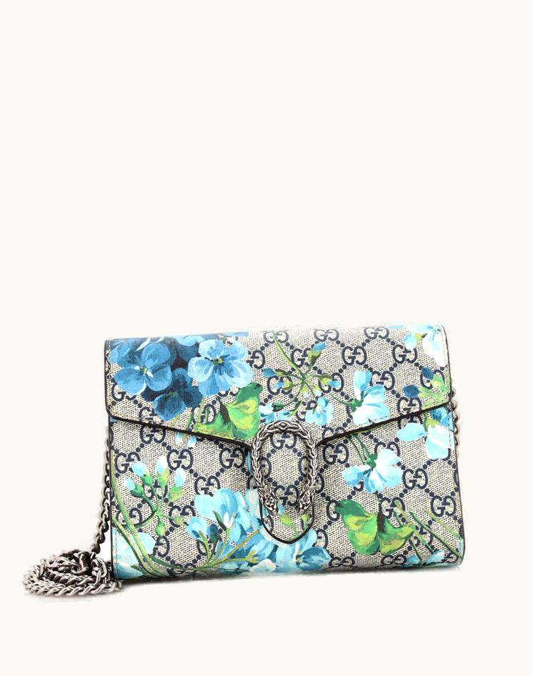 Gucci Gucci Dionysus Chain Wallet Blooms Print GG Coated Canvas Small Blue
