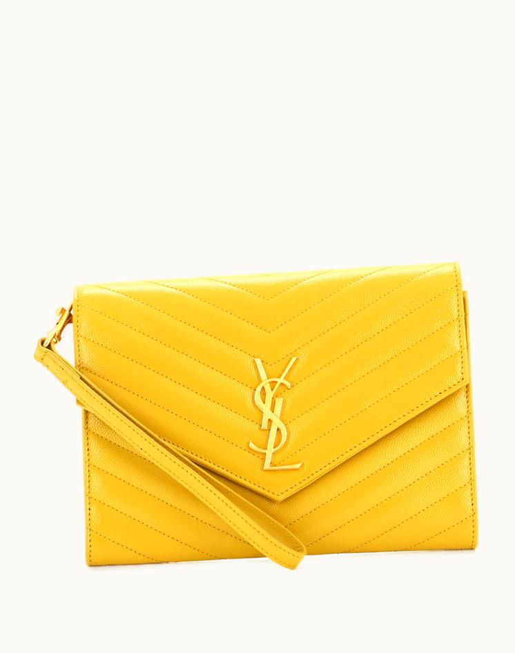 Saint Laurent Saint Laurent Classic Monogram Envelope Wristlet Clutch Matelasse Chevron Leather Yellow Aged Gold