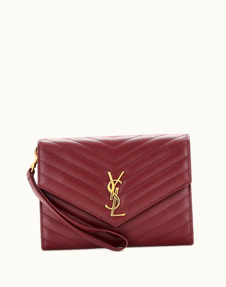 Saint Laurent Saint Laurent Classic Monogram Envelope Wristlet Clutch Matelasse Chevron Leather Red Black Gold