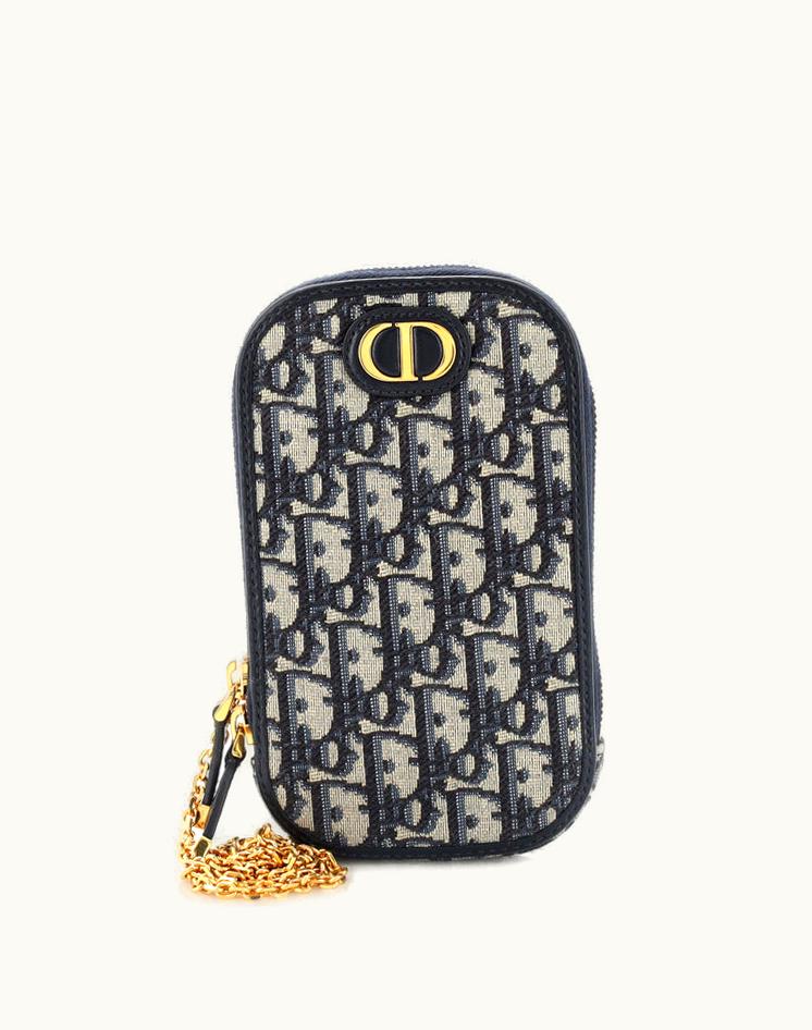 Dior Christian Dior 30 Montaigne Phone Holder On Chain Oblique Canvas Blue