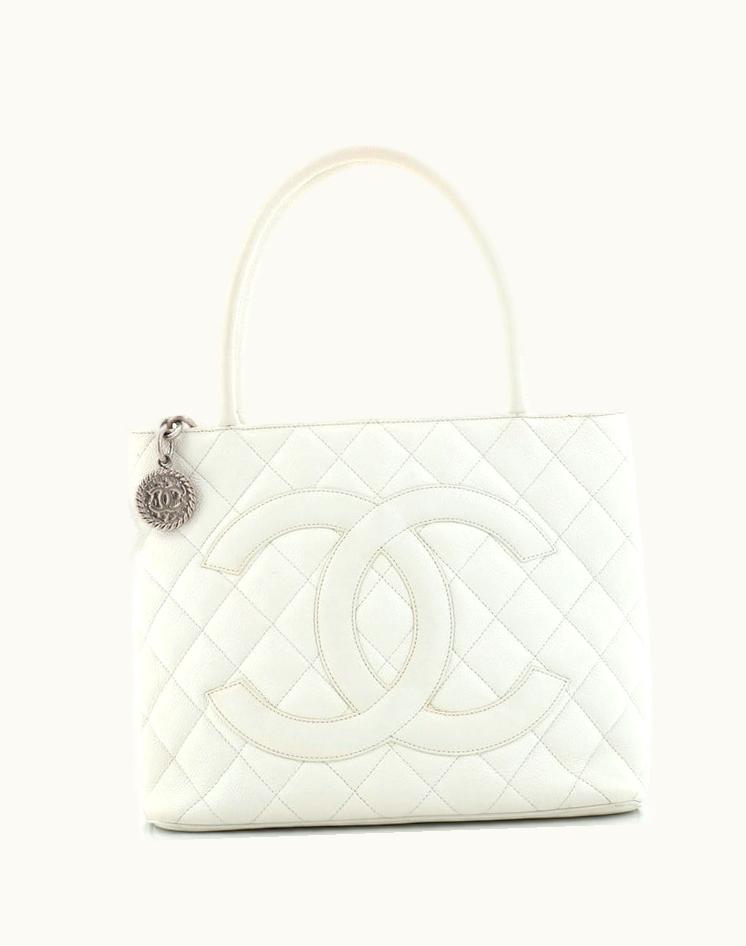 Chanel Chanel Medallion Tote Quilted Caviar White Leather Silver Hardware