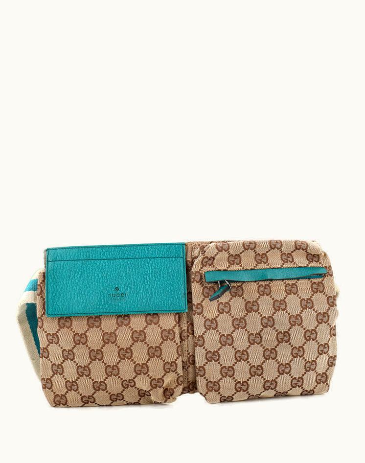 Gucci Gucci Vintage Double Belt Bag GG Canvas Brown Gun Metal