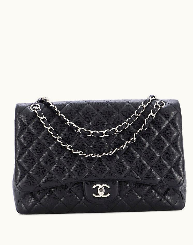 Chanel Chanel Classic Single Flap Bag Quilted Caviar Jumbo Black Silver