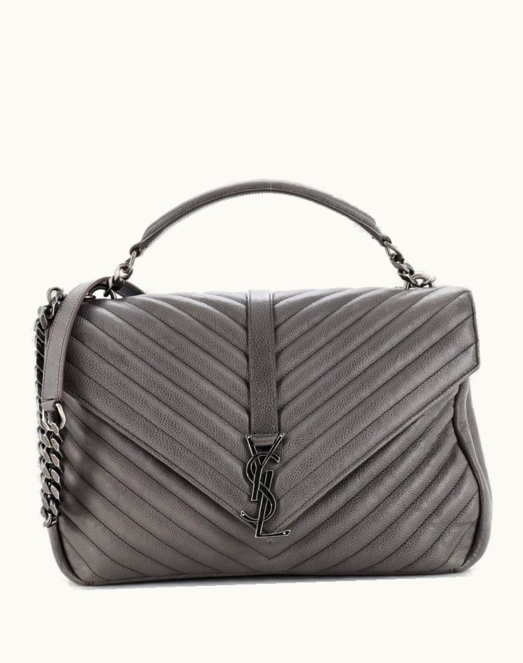 Saint Laurent Saint Laurent Classic Monogram College Bag Matelasse Chevron Leather Large in Gray