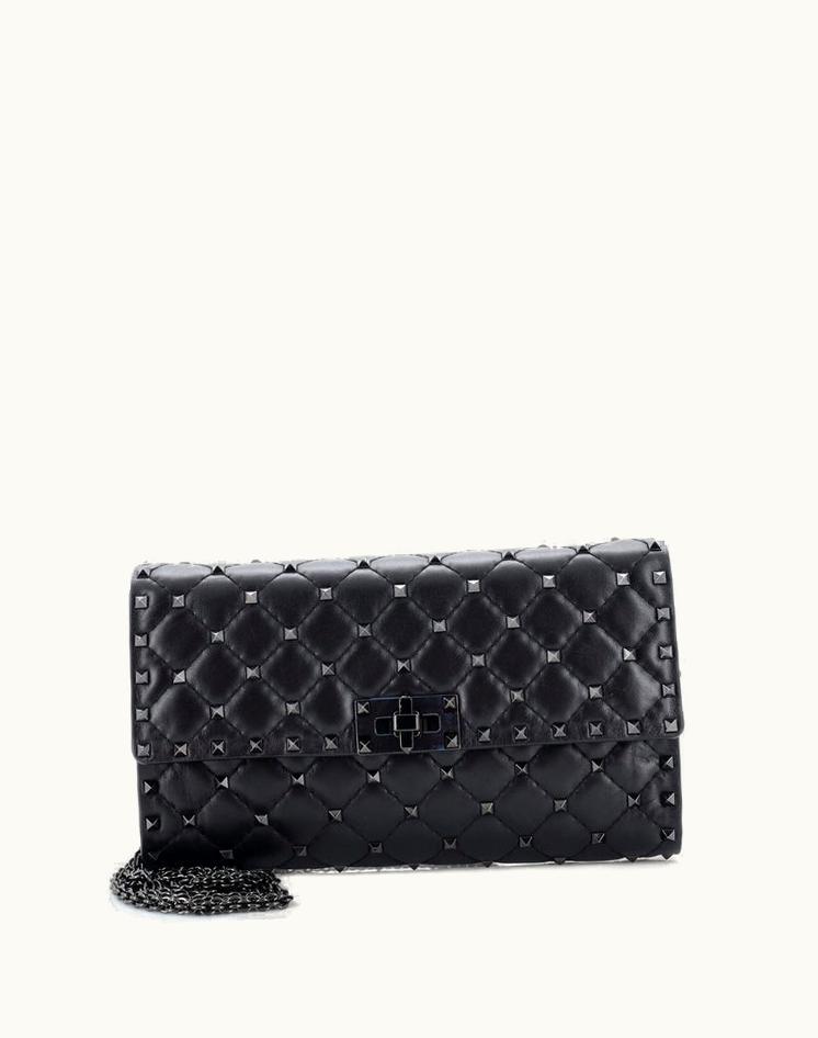 Valentino Valentino Rockstud Spike Wallet On Chain Quilted Leather Small Black