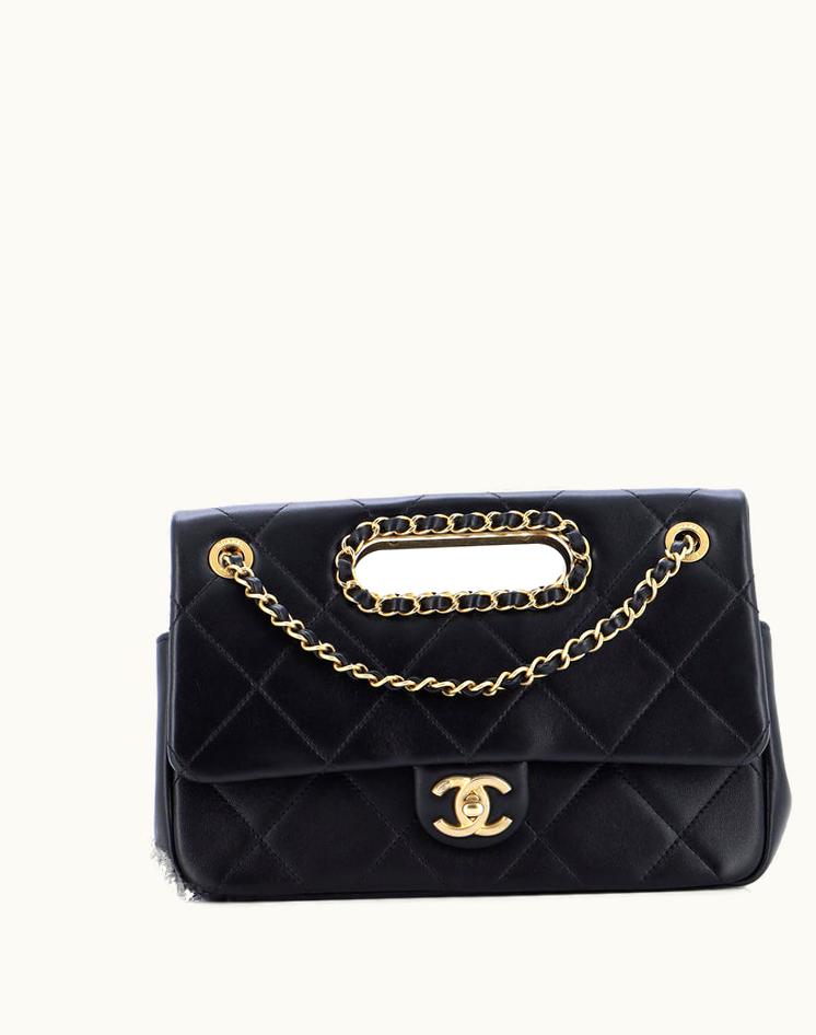 Chanel Chanel Real Catch Flap Bag Quilted Lambskin Medium Black Aged Gold