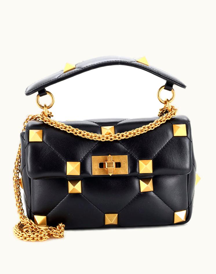 Valentino Valentino Roman Stud Flap Bag Quilted Leather Medium Black Aged Gold