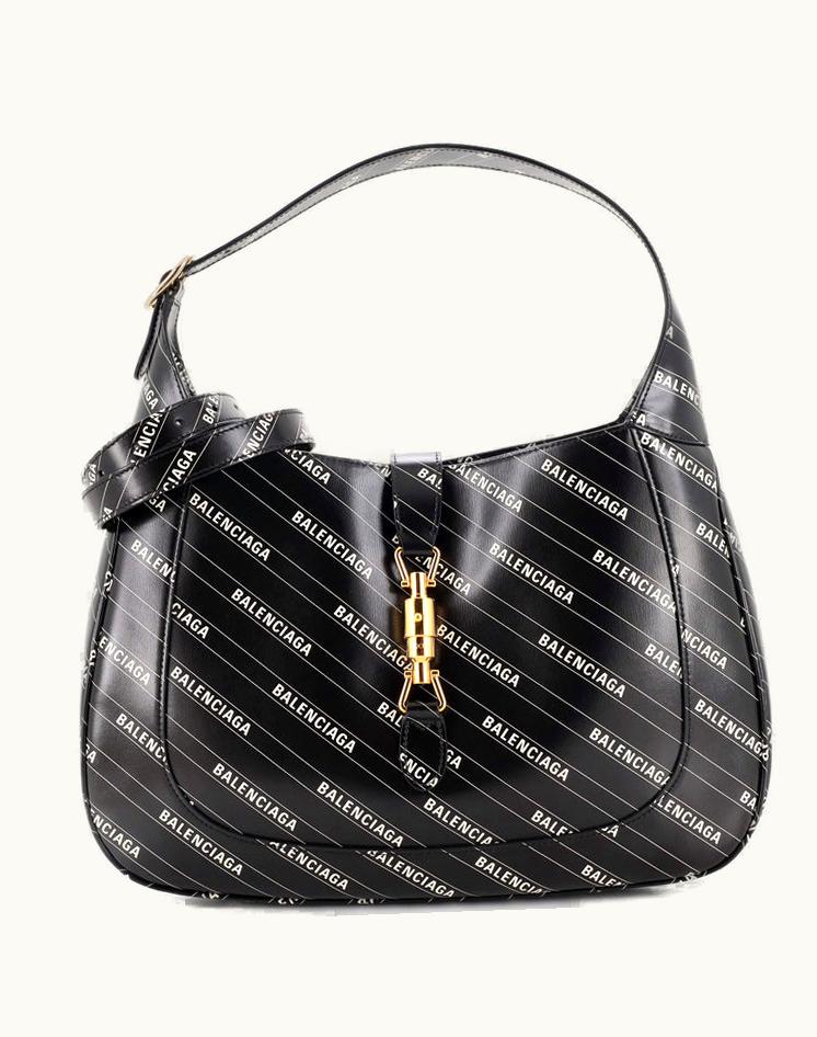 Gucci Gucci X Balenciaga The Hacker Project Jackie 1961 Hobo Printed Leather Medium Black Gold