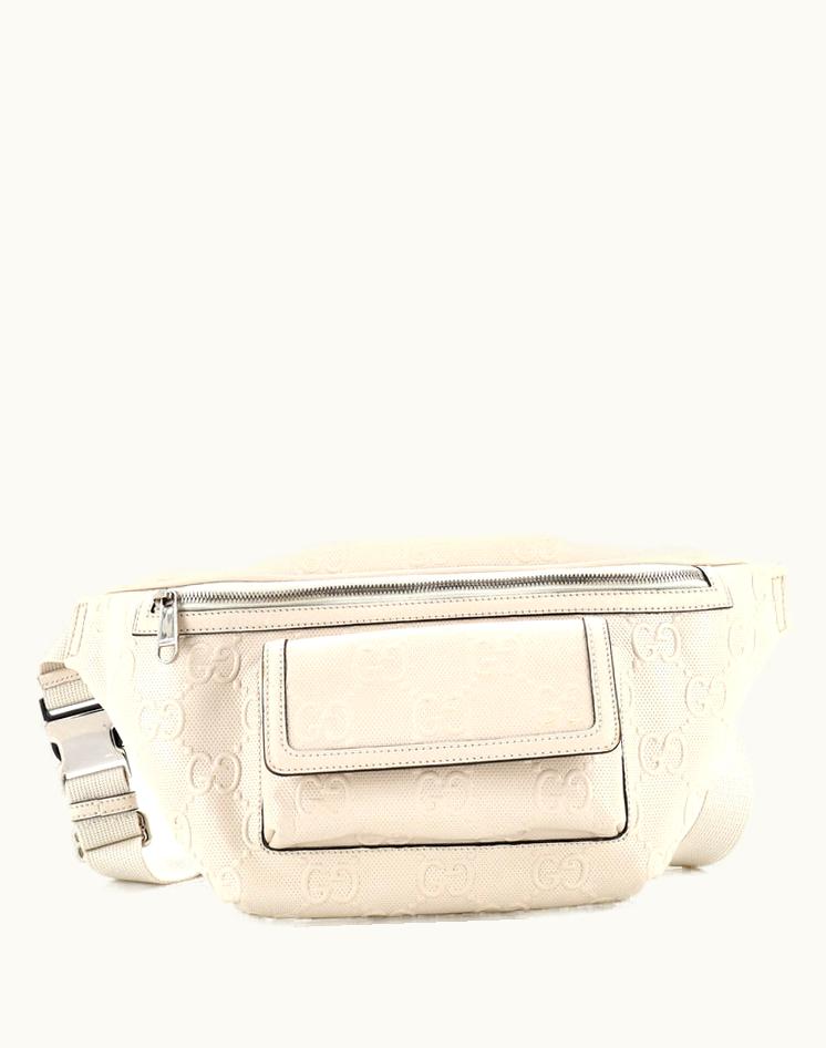 Gucci Gucci Front Pocket Belt Bag GG Embossed Perforated Leather Neutral Silver