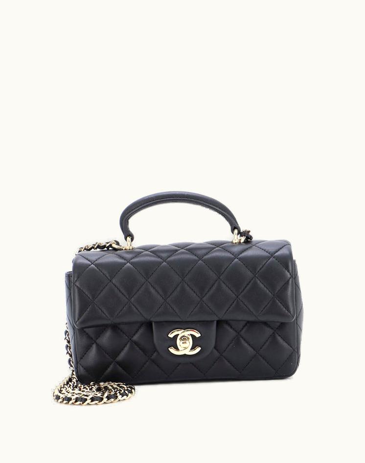 Chanel Chanel Classic Single Flap Top Handle Bag Quilted Lambskin Mini Black Gold